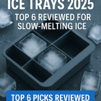 Large clear square ice cubes in a silicone mold on a kitchen counter