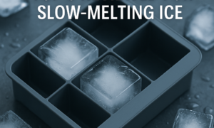 Large clear square ice cubes in a silicone mold on a kitchen counter