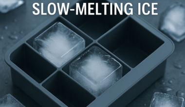 Large clear square ice cubes in a silicone mold on a kitchen counter