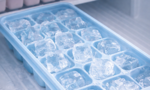 BPA-free plastic ice cube tray inside a freezer with clear ice cubes
