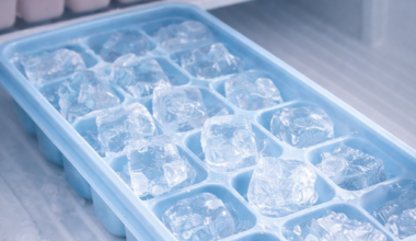 BPA-free plastic ice cube tray inside a freezer with clear ice cubes