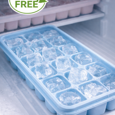BPA-free plastic ice cube tray inside a freezer with clear ice cubes