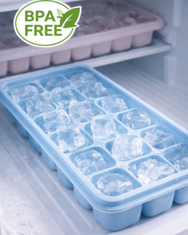 BPA-free plastic ice cube tray inside a freezer with clear ice cubes