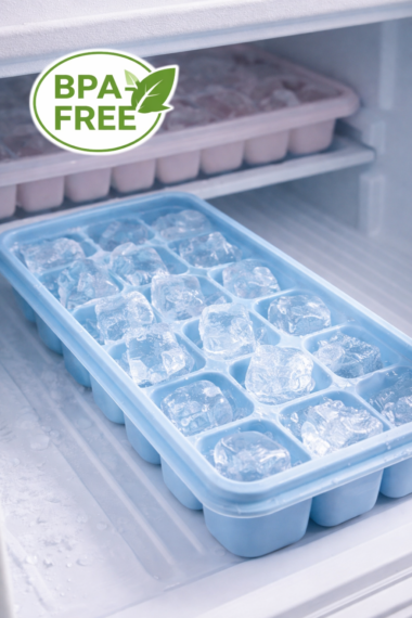 BPA-free plastic ice cube tray inside a freezer with clear ice cubes